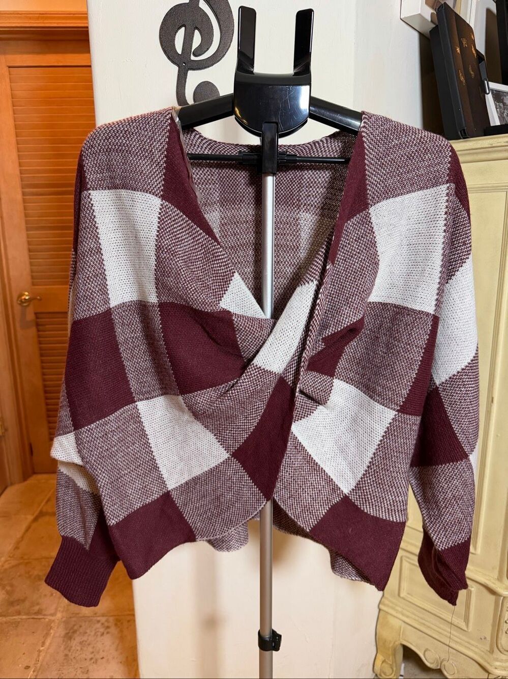NWOT Inner Circle burgundy and plaid wrap front sweater